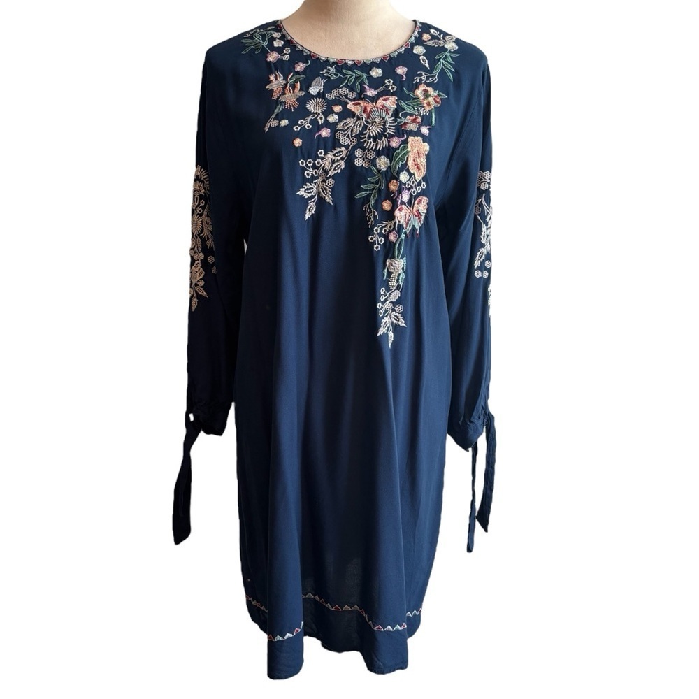 Kaktus Blue Embroidered Floral Shift Dress Large Bohemian Cottagecore